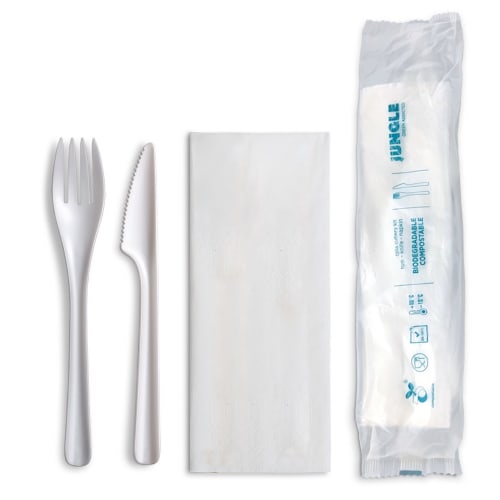 Jungle Natural White CPLA Cutlery Kit with Fork, Knife and Napkin